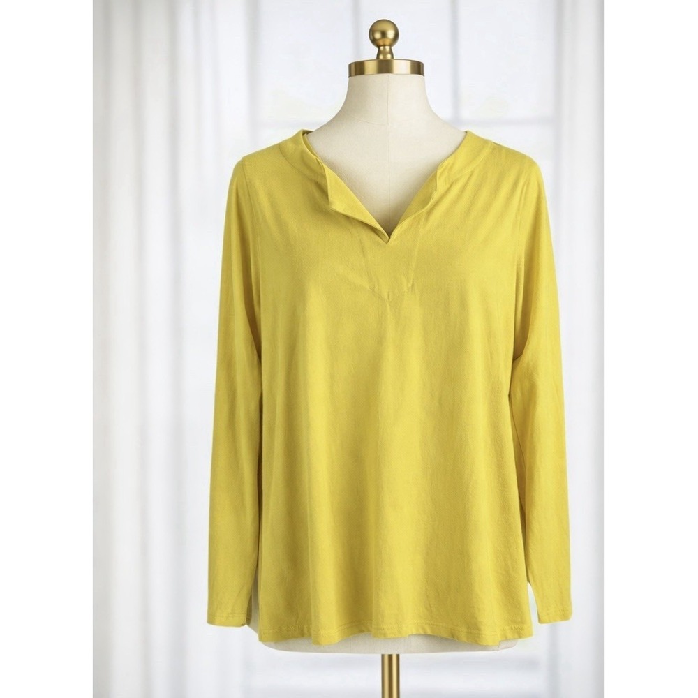 Talbots Popover Top 2X Split V Neck Tunic Mustard Gold Yellow 100% Cotton Knit